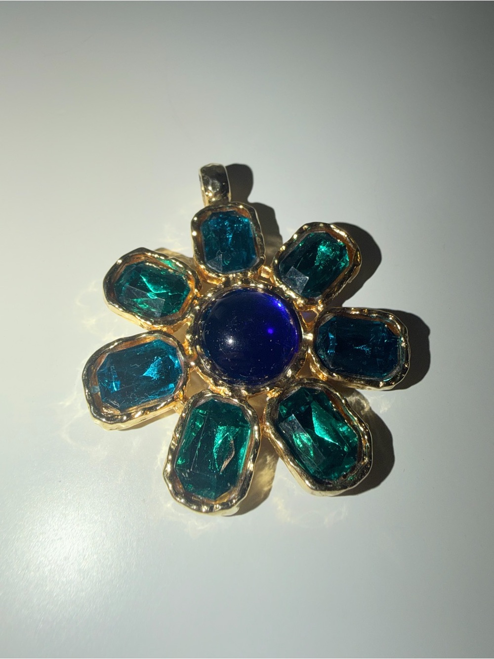 Stunning Huge Gold-Tone Floral Pendant with Deep Blue and Teal Gemstones